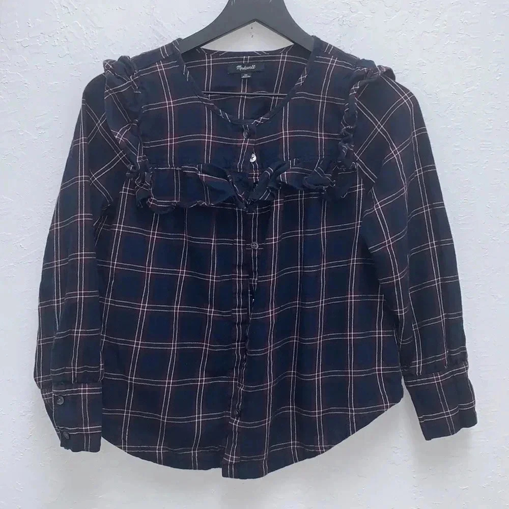 Madewell Plaid Ruffle-Yoke Top Size XS - Picture 2 of 7